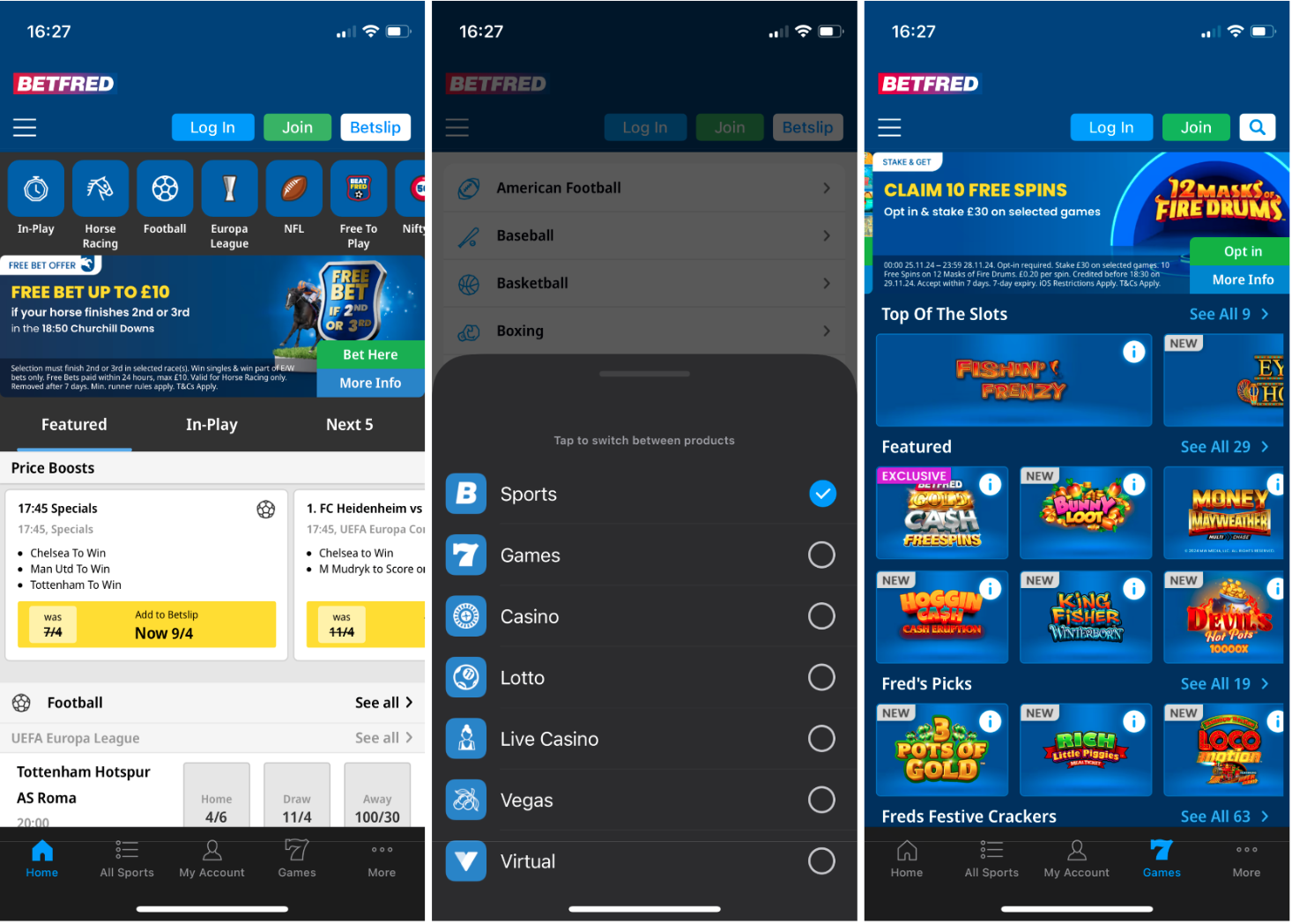 Betfred's app screenshots, showing the gimepage, which features popular sports, headline promotions, price boosts and other highlighted markets, the menu to swap between sections, and the casino section, featuring headline promotions and featured slots